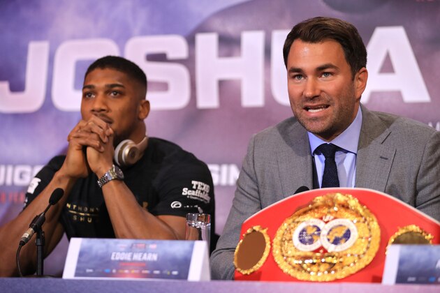LONDON, ENGLAND - APRIL 27:  Eddie Hearn, boxing promoter (R) and Anthony Joshua  (L) speak during a press conference for his Super Heavyweight title fight against Wladamir Klitschko at Sky Sports Studios on April 27, 2017 in London, England. Anthony Joshua and Wladamir Klitschko are due to fight for the IBF, IBO and WBA Super Heavyweight Championships of the World at Wembley Stadium on April 29.  (Photo by Richard Heathcote/Getty Images)