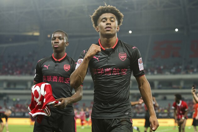 SHANGHAI, CHINA - JULY 19:  Reiss Nelson of Arsenal FC celebrates after win the 2017 International Champions Cup football match between FC Bayern and Arsenal FC at Shanghai Stadium on July 19, 2017 in Shanghai, China.  (Photo by Lintao Zhang/Getty Images)