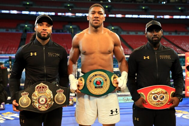 LONDON, ENGLAND - APRIL 29:  Anthony Joshua celebrates with his management team after victory over Wladimir Klitschko in the IBF, WBA and IBO Heavyweight World Title bout at Wembley Stadium on April 29, 2017 in London, England.  (Photo by Richard Heathcote/Getty Images)