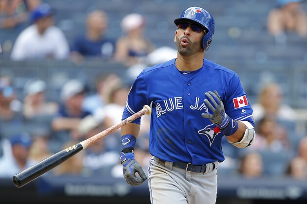 NEW YORK, NY - JULY 04: Jose Bautista #19 of the Toronto Blue Jays in action against the New York Yankees during a game at Yankee Stadium on July 4, 2017 in the Bronx borough of New York City. (Photo by Rich Schultz/Getty Images)