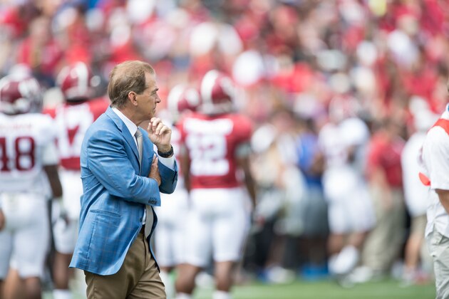 TUSCALOOSA, AL - APRIL 22: Head coach Nick Saban of the Alabama Crimson Tide at Bryant-Denny Stadium on April 22, 2017 in Tuscaloosa, Alabama. (Photo by Michael Chang/Getty Images)