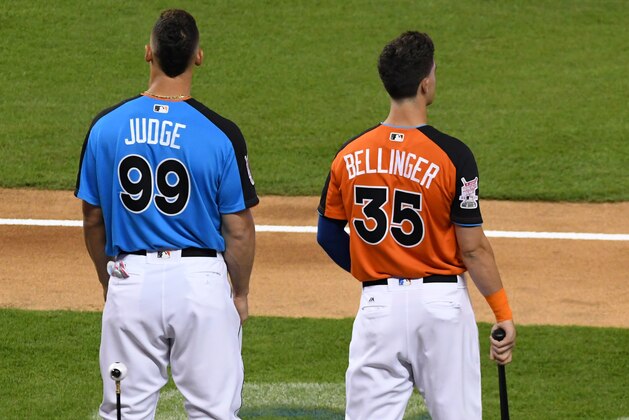 MIAMI, FL - JULY 10:  American League All-Star Aaron Judge #99 of the New York Yankees and National League All-Star Cody Bellinger #35 of the Los Angeles Dodgers stand together during the T-Mobile Home Run Derby at Marlins Park on July 10, 2017 in Miami, Florida.  (Photo by Mark Cunningham/MLB Photos via Getty Images)