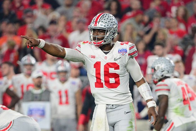 GLENDALE, AZ - DECEMBER 31:  J.T. Barrett #16 of the Ohio State Buckeyes gestures against the Clemson Tigers during the 2016 PlayStation Fiesta Bowl at University of Phoenix Stadium on December 31, 2016 in Glendale, Arizona.  (Photo by Jennifer Stewart/Getty Images)
