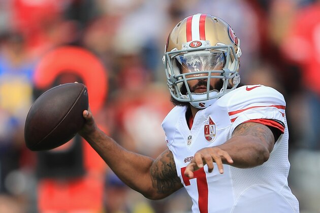 LOS ANGELES, CA - DECEMBER 24:  Colin Kaepernick #7 of the San Francisco 49ers throws a pass during the game against the Los Angeles Rams at Los Angeles Memorial Coliseum on December 24, 2016 in Los Angeles, California.  (Photo by Sean M. Haffey/Getty Images)