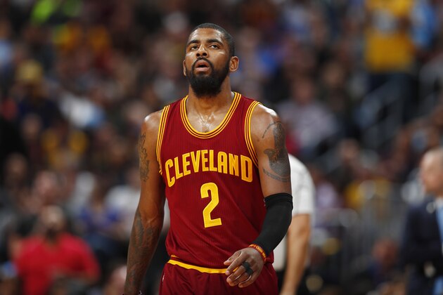 Cleveland Cavaliers guard Kyrie Irving (2) in the second half of an NBA basketball game Wednesday, March 22, 2017, in Denver. The Nuggets won 126-113. (AP Photo/David Zalubowski)