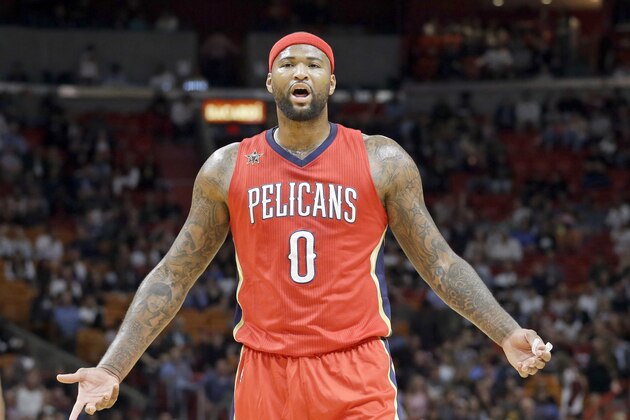 New Orleans Pelicans forward DeMarcus Cousins (0) questions a call in the first half of an NBA basketball game against the Miami Heat, Wednesday, March 15, 2017, in Miami. (AP Photo/Alan Diaz)