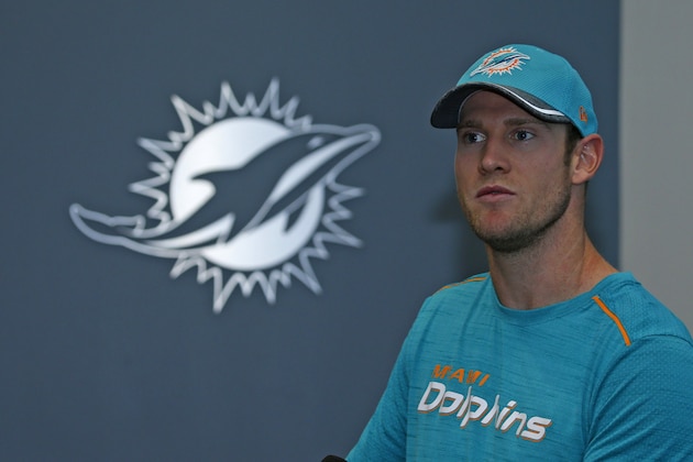 DAVIE, FL - MAY 25: Ryan Tannehill #17 of the Miami Dolphins talks to the media after the teams OTA's on May 25, 2017 at the Miami Dolphins training facility in Davie, Florida. (Photo by Joel Auerbach/Getty Images)