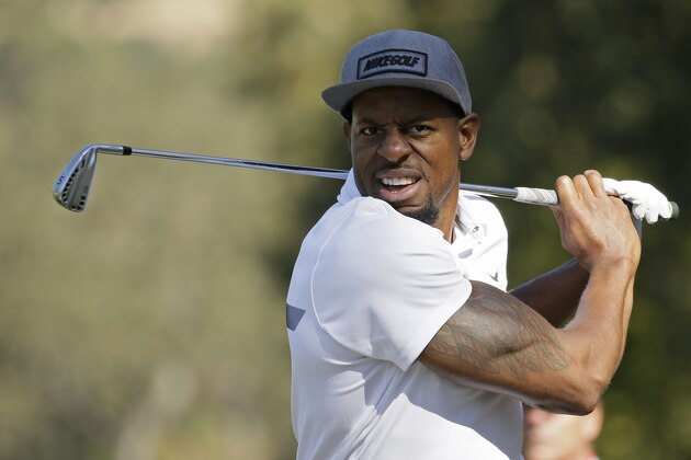 Golden State Warriors' Andre Iguodala follows his shot from the 16th fairway of the Silverado Resort North Course during the pro-am event of the Safeway Open PGA golf tournament Wednesday, Oct. 12, 2016, in Napa, Calif. (AP Photo/Eric Risberg)