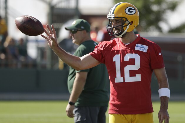 Green Bay Packers' Aaron Rodgers during NFL football training camp Thursday, July 27, 2017, in Green Bay, Wis. (AP Photo/Morry Gash)