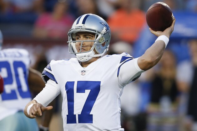 Dallas Cowboys quarterback Kellen Moore (17) throws against the Arizona Cardinals during the first half of the Pro Football Hall of Fame NFL preseason game in Canton, Ohio, Thursday, Aug. 3, 2017. (AP Photo/Ron Schwane)