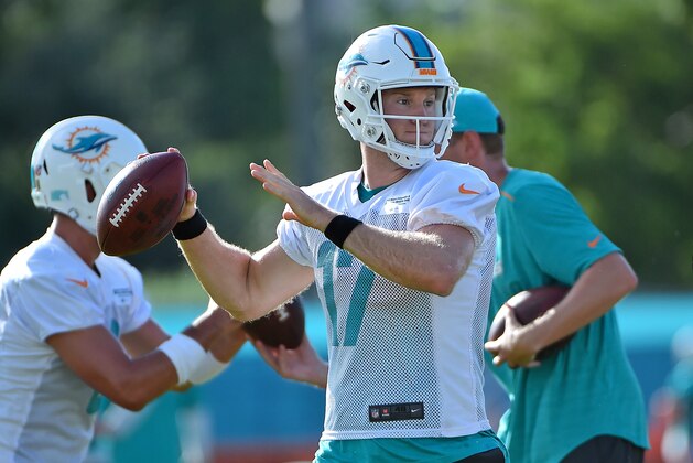 Jul 28, 2017; Davie, FL, USA; Miami Dolphins quarterback Ryan Tannehill (17) throws the ball during training camp at Baptist Health Training Facility at Nova Southeastern University. Mandatory Credit: Jasen Vinlove-USA TODAY Sports