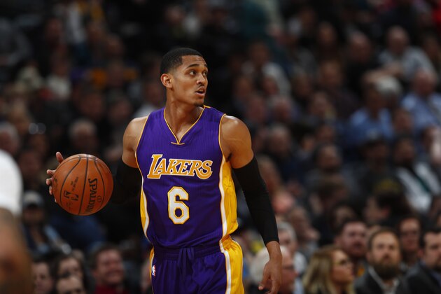 Los Angeles Lakers guard Jordan Clarkson (6) in the first half of an NBA basketball game Monday, March 13, 2017, in Denver. (AP Photo/David Zalubowski)