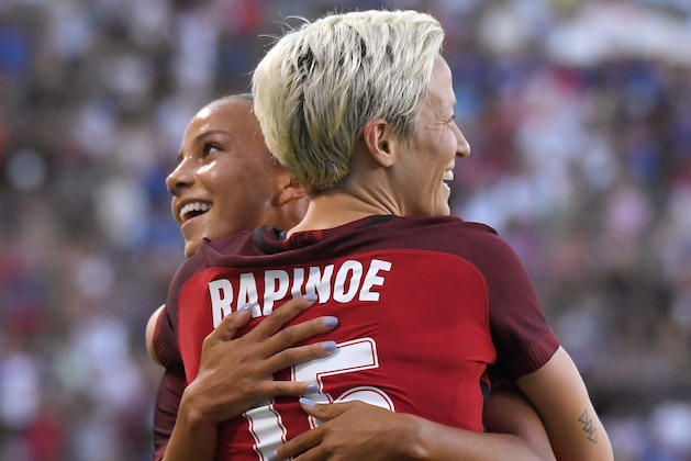 United States' Megan Rapinoe, front, celebrates her goal with Mallory Pugh during the first half against Japan in a Tournament of Nations soccer match, Thursday, Aug. 3, 2017, in Carson, Calif. (AP Photo/Mark J. Terrill)