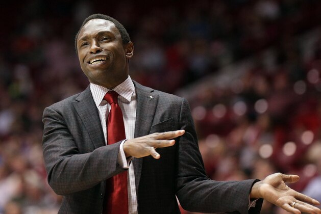 Mar 1, 2017; Tuscaloosa, AL, USA; Alabama Crimson Tide head coach Avery Johnson reacts about a call during the game against Mississippi Rebels at Coleman Coliseum. Mandatory Credit: Marvin Gentry-USA TODAY Sports