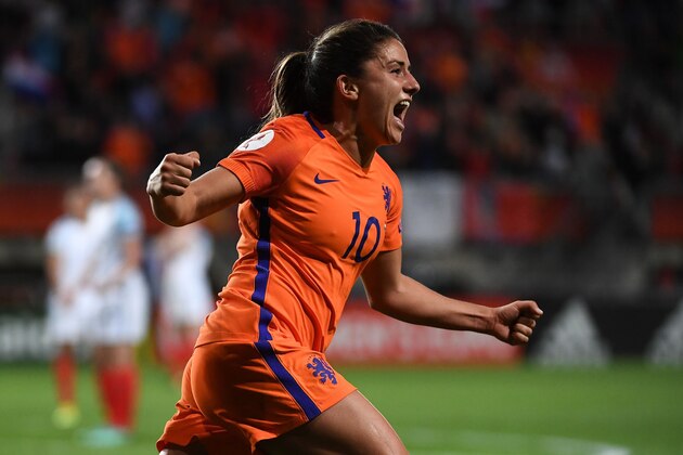 Netherlands' midfielder Danielle van de Donk celebrates a goal during the UEFA Womens Euro 2017 football tournament semi-final match between Netherlands and England at the FC Twente Stadium, in Enschede on August 3, 2017. / AFP PHOTO / JOHN THYS (Photo credit should read JOHN THYS/AFP/Getty Images) Netherlands' midfielder Danielle van de Donk celebrates a goal during the UEFA Womens Euro 2017 football tournament semi-final match between Netherlands and England at the FC Twente Stadium, in Enschede on August 3, 2017. / AFP PHOTO / JOHN THYS (Photo credit should read JOHN THYS/AFP/Getty Images)