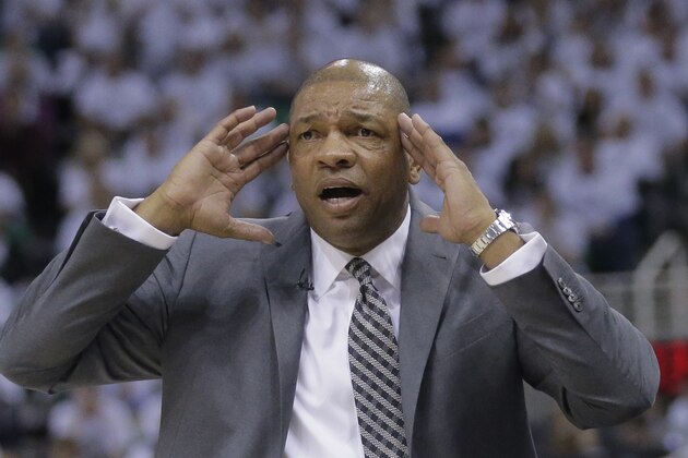 Los Angeles Clippers head coach Doc Rivers looks on during the second half in Game 6 of an NBA basketball first-round playoff series against the Utah Jazz Friday, April 28, 2017, in Salt Lake City. Clippers won 98-93. (AP Photo/Rick Bowmer)