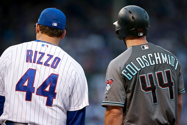 CHICAGO, IL - AUGUST 01:  Anthony Rizzo #44 of the Chicago Cubs meets with Paul Goldschmidt #44 of the Arizona Diamondbacks in the second inning at Wrigley Field on August 1, 2017 in Chicago, Illinois. (Photo by Dylan Buell/Getty Images)