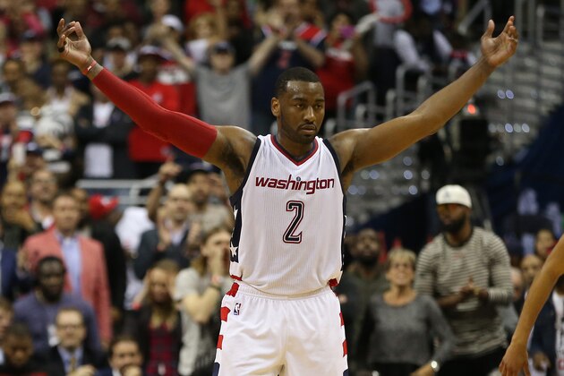 May 12, 2017; Washington, DC, USA; Washington Wizards guard John Wall (2) gestures on the court against the Boston Celtics in the fourth quarter in game six of the second round of the 2017 NBA Playoffs at Verizon Center. The Wizards won 92-91, and tied the series at 3-3. Mandatory Credit: Geoff Burke-USA TODAY Sports