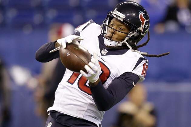 Houston Texans wide receiver DeAndre Hopkins warms up before the start of an NFL football game between the Indianapolis Colts and the Houston Texans Sunday, Dec. 11, 2016, in Indianapolis. (AP Photo/Michael Conroy)