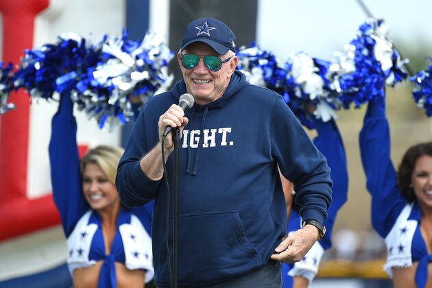 OXNARD, CA - JULY 24:  Jerry Jones, owner of the Dallas Cowboys talks to fans during opened day of training camp on July 24, 2017 in Oxnard, California.  (Photo by Jayne Kamin-Oncea/Getty Images)