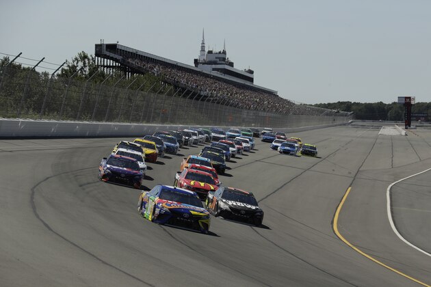 Kyle Busch in action during the NASCAR Cup Series auto race at Pocono Raceway, Sunday, July 30, 2017, in Long Pond, Pa. (AP Photo/Matt Slocum)