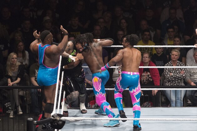 COLOGNE, GERMANY - FEBRUARY 11: The New Day compete in the ring against The Usos at the Road to WrestleMania at the Lanxess Arena on February 11, 2016 in Cologne, Germany. (Photo by Marc Pfitzenreuter/Getty Images)