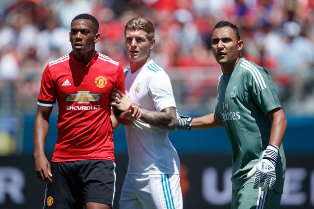 SANTA CLARA, CA - JULY 23: Anthony Martial of Manchester United, Toni Kroos of Real Madrid and Keylor Navas of Real Madrid during the International Champions Cup 2017 match between Real Madrid v Manchester United at Levi'a Stadium on July 23, 2017 in Santa Clara, California. (Photo by Robbie Jay Barratt - AMA/Getty Images)
