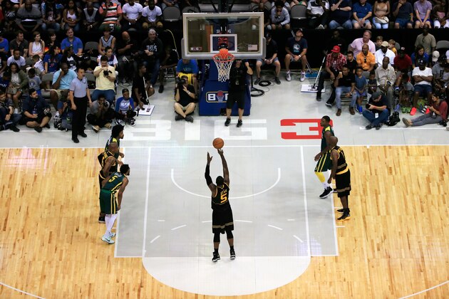 DALLAS, TX - JULY 30:   Stephen Jackson #5 of the Killer 3s attempts a free throw against the Ball Hogs during week six of the BIG3 three on three basketball league at American Airlines Center on July 30, 2017 in Dallas, Texas. (Photo by Ron Jenkins/BIG3/Getty Images)