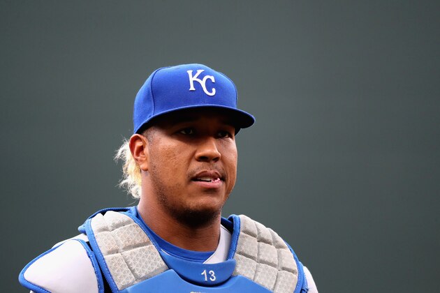 BALTIMORE, MD - AUGUST 02:  Catcher Salvador Perez #13 of the Kansas City Royals walks to the dugout before the start of the Royals and Baltimore Orioles game at Oriole Park at Camden Yards on August 2, 2017 in Baltimore, Maryland.  (Photo by Rob Carr/Getty Images)