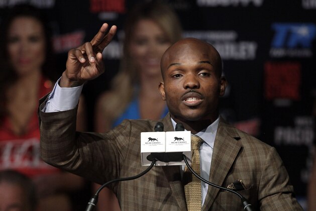 Welterweight boxer Timothy Bradley Jr. speaks during a final press conference with Manny Pacquiao at the MGM Grand Hotel & Casino Wednesday April 6, 2016 in Las Vegas, Nevada. 
Pacquiao and Timothy Bradley Jr., will meet for their third fight on April 9 at the MGM Grand Garden Arena in Las Vegas. / AFP / John GURZINSKI        (Photo credit should read JOHN GURZINSKI/AFP/Getty Images)