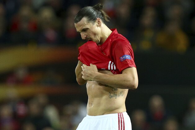 Manchester United's Zlatan Ibrahimovic reacts after failing to score during the Europa League quarterfinal second leg soccer match between Manchester United and Anderlecht at Old Trafford stadium, in Manchester, England, Thursday, April 20, 2017. (AP Photo/Dave Thompson)