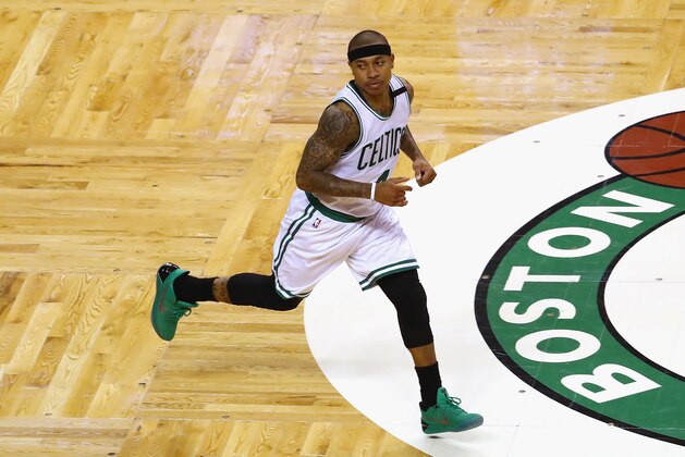 BOSTON, MA - MAY 19:  Isaiah Thomas #4 of the Boston Celtics runs in the first half against the Cleveland Cavaliers during Game Two of the 2017 NBA Eastern Conference Finals at TD Garden on May 19, 2017 in Boston, Massachusetts. NOTE TO USER: User expressly acknowledges and agrees that, by downloading and or using this photograph, User is consenting to the terms and conditions of the Getty Images License Agreement.  (Photo by Tim Bradbury/Getty Images)