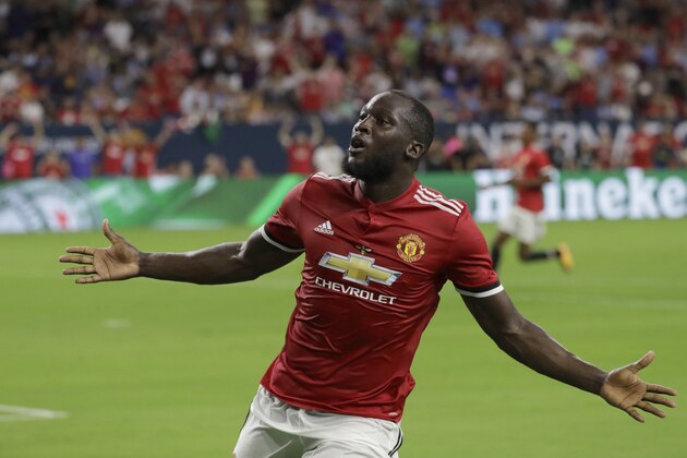 Manchester United's Romelu Lukaku celebrates after scoring a goal against Manchester City during the first half of an International Champions Cup soccer match in Houston, Thursday, July 20, 2017. (AP Photo/David J. Phillip)