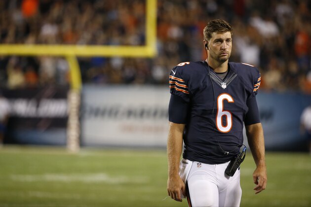 Chicago Bears quarterback Jay Cutler (6) on the sideline during the second half of an NFL preseason football game against the Denver Broncos in Chicago, Thursday, Aug. 11, 2016. (AP Photo/Nam Y. Huh)