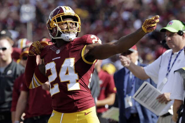 FILE - In this Oct. 2, 2016, file photo, Washington Redskins cornerback Josh Norman (24) celebrates his interception with a