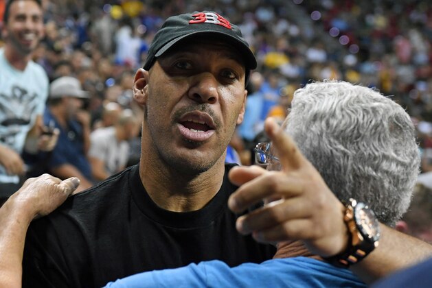 LAS VEGAS, NV - JULY 07:  LaVar Ball, father of Lonzo Ball #2 of the Los Angeles Lakers, is greeted at halftime of a 2017 Summer League game between the Lakers and the Los Angeles Clippers at the Thomas & Mack Center on July 7, 2017 in Las Vegas, Nevada. The Clippers won 96-93 in overtime. NOTE TO USER: User expressly acknowledges and agrees that, by downloading and or using this photograph, User is consenting to the terms and conditions of the Getty Images License Agreement.  (Photo by Ethan Miller/Getty Images)