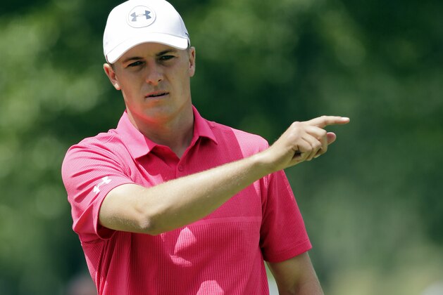 Jordan Spieth points left after his putt on the second hole during the third round of the Bridgestone Invitational golf tournament at Firestone Country Club, Saturday, Aug. 5, 2017, in Akron, Ohio. (AP Photo/Tony Dejak) Jordan Spieth points left after his putt on the second hole during the third round of the Bridgestone Invitational golf tournament at Firestone Country Club, Saturday, Aug. 5, 2017, in Akron, Ohio. (AP Photo/Tony Dejak)