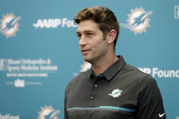 New Miami Dolphins quarterback Jay Cutler speaks at a news conference during an NFL football training camp, Monday, Aug. 7, 2017, in Davie, Fla. Cutler has agreed to terms on a $1 million, one-year contract, as starting quarterback Ryan Tannehill remains out with a left knee injury. (AP Photo/Lynne Sladky)