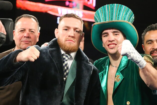 NEW YORK, NY - MARCH 17:  (L to R) Conor McGregor, & Michael Conlan celebrate Conlan's 3rd round TKO win over  Tim Ibarra in his super bantamweight bout at The Theater at Madison Square Garden on March 17, 2017 in New York City. (Photo by Ed Mulholland/Getty Images)