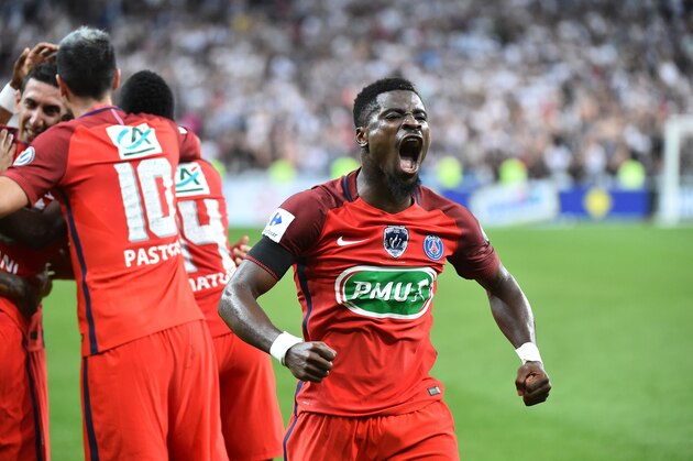 Paris Saint-Germain's Ivorian defender Serge Aurier reacts after a goal  during the French Cup final football match between Paris Saint-Germain (PSG) and Angers (SCO) on May 27, 2017, at the Stade de France in Saint-Denis, north of Paris. / AFP PHOTO / JEAN-FRANCOIS MONIER        (Photo credit should read JEAN-FRANCOIS MONIER/AFP/Getty Images)