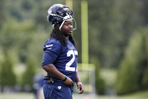 Jun 13, 2017; Renton, WA, USA; Seattle Seahawks running back Eddie Lacy (27) talks with a teammate during a minicamp practice at the Virginia Mason Athletic Center. Mandatory Credit: Joe Nicholson-USA TODAY Sports