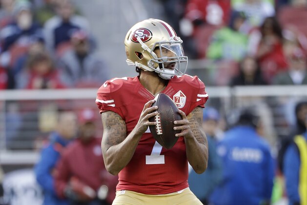 San Francisco 49ers quarterback Colin Kaepernick (7) against the Seattle Seahawks during the first half of an NFL football game in Santa Clara, Calif., Sunday, Jan. 1, 2017. (AP Photo/Marcio Jose Sanchez)