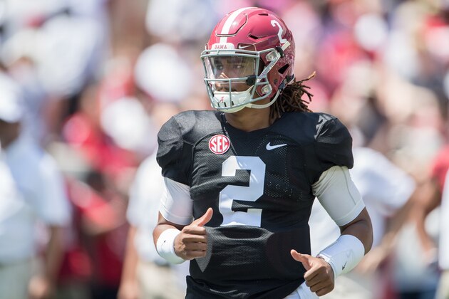 TUSCALOOSA, AL - APRIL 22: Quarterback Jalen Hurts #2 of the Alabama Crimson Tide at Bryant-Denny Stadium on April 22, 2017 in Tuscaloosa, Alabama. (Photo by Michael Chang/Getty Images)