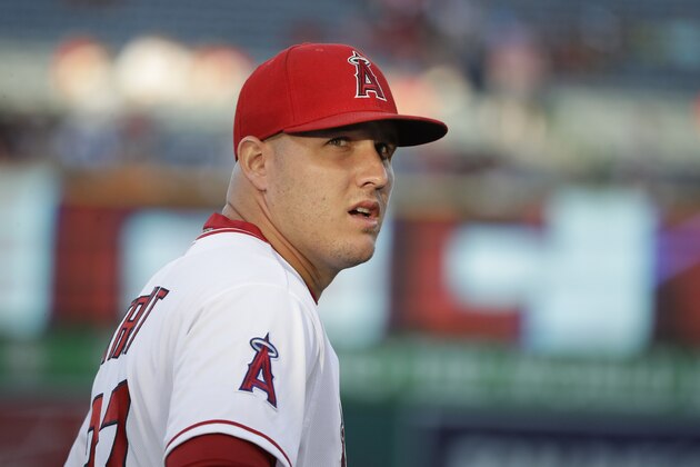 Los Angeles Angels' Mike Trout warms up before the team's baseball game with the Baltimore Orioles, Monday, Aug. 7, 2017, in Anaheim, Calif. (AP Photo/Jae C. Hong)