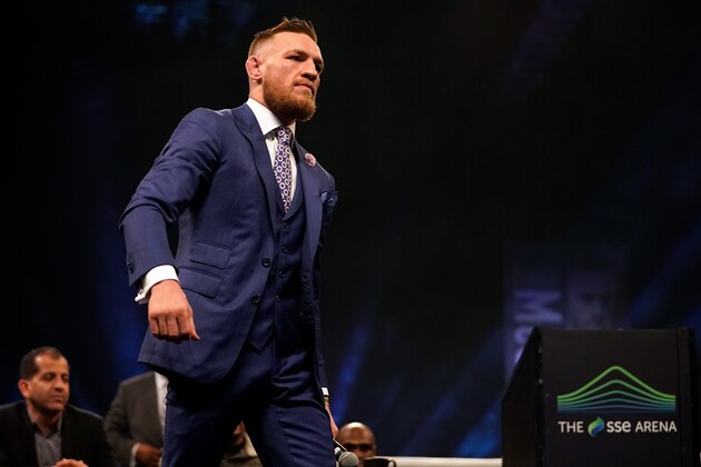 LONDON, ENGLAND - JULY 14:  Conor McGregor reacts to the crowd during the Floyd Mayweather Jr. v Conor McGregor World Press Tour event at SSE Arena on July 14, 2017 in London, England. (Photo by Jeff Bottari/Zuffa LLC/Zuffa LLC via Getty Images)