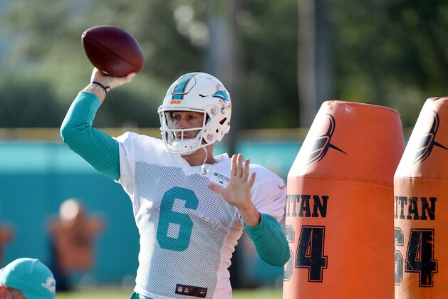 Aug 8, 2017; Davie, FL, USA; Miami Dolphins quarterback Jay Cutler (6) throws a pass during training camp at Baptist Health Training Facility. Mandatory Credit: Steve Mitchell-USA TODAY Sports Aug 8, 2017; Davie, FL, USA; Miami Dolphins quarterback Jay Cutler (6) throws a pass during training camp at Baptist Health Training Facility. Mandatory Credit: Steve Mitchell-USA TODAY Sports