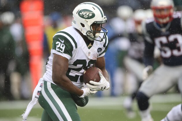 FOXBORO, MA - DECEMBER 24: Running Back Bilal Powell #29 of the New York Jets has a long gain against the New England Patriots at Gillette Stadium on December 24, 2016 in Foxboro, Massachusetts. (Photo by Al Pereira/Getty Images)