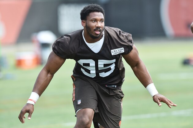 Jun 13, 2017; Berea, OH, USA; Cleveland Browns defensive lineman Myles Garrett (95) runs a drill during minicamp at the Cleveland Browns training facility. Mandatory Credit: Ken Blaze-USA TODAY Sports