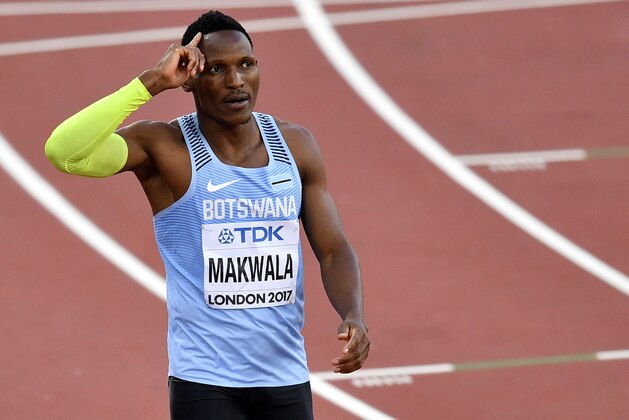 Botswana's Isaac Makwala reacts after winning his heat of the Men's 400 meters during the World Athletics Championships in London Sunday, Aug. 6, 2017. (AP Photo/Martin Meissner)