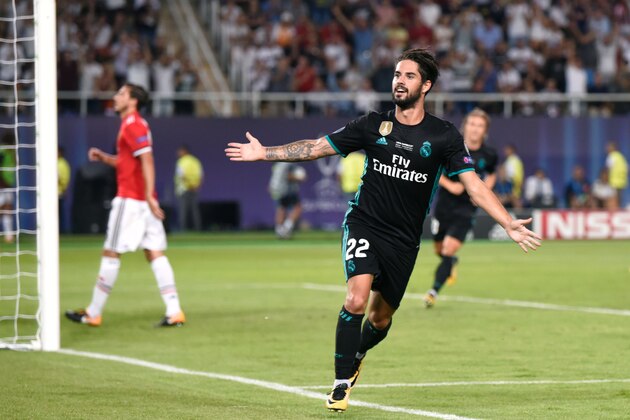 Real Madrid's Spanish midfielder Isco celebrates after scoring a goal during the UEFA Super Cup football match between Real Madrid and Manchester United on August 8, 2017, at the Philip II Arena in Skopje. / AFP PHOTO / Dimitar DILKOFF        (Photo credit should read DIMITAR DILKOFF/AFP/Getty Images)